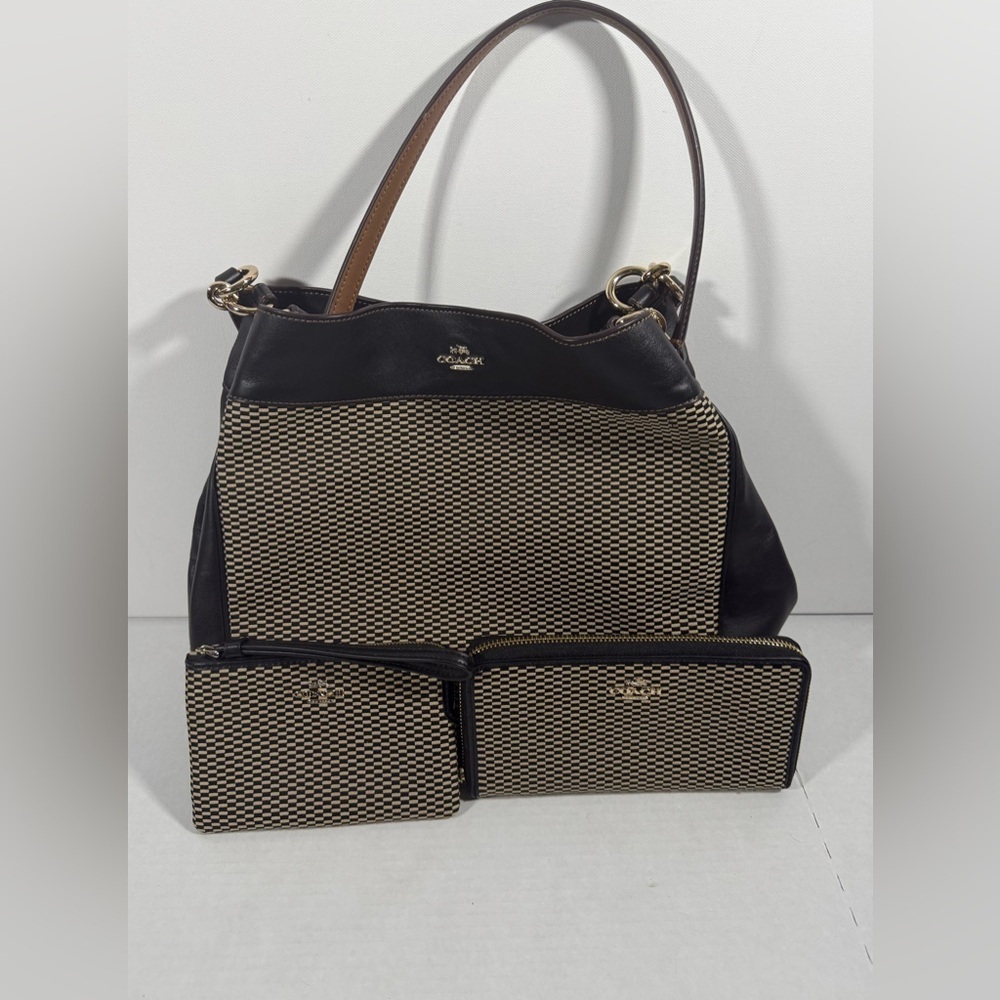 Women’s Coach Lexy Legacy Jacquard Tote Shoulder Bag Fabric/Leather 3 Pcs